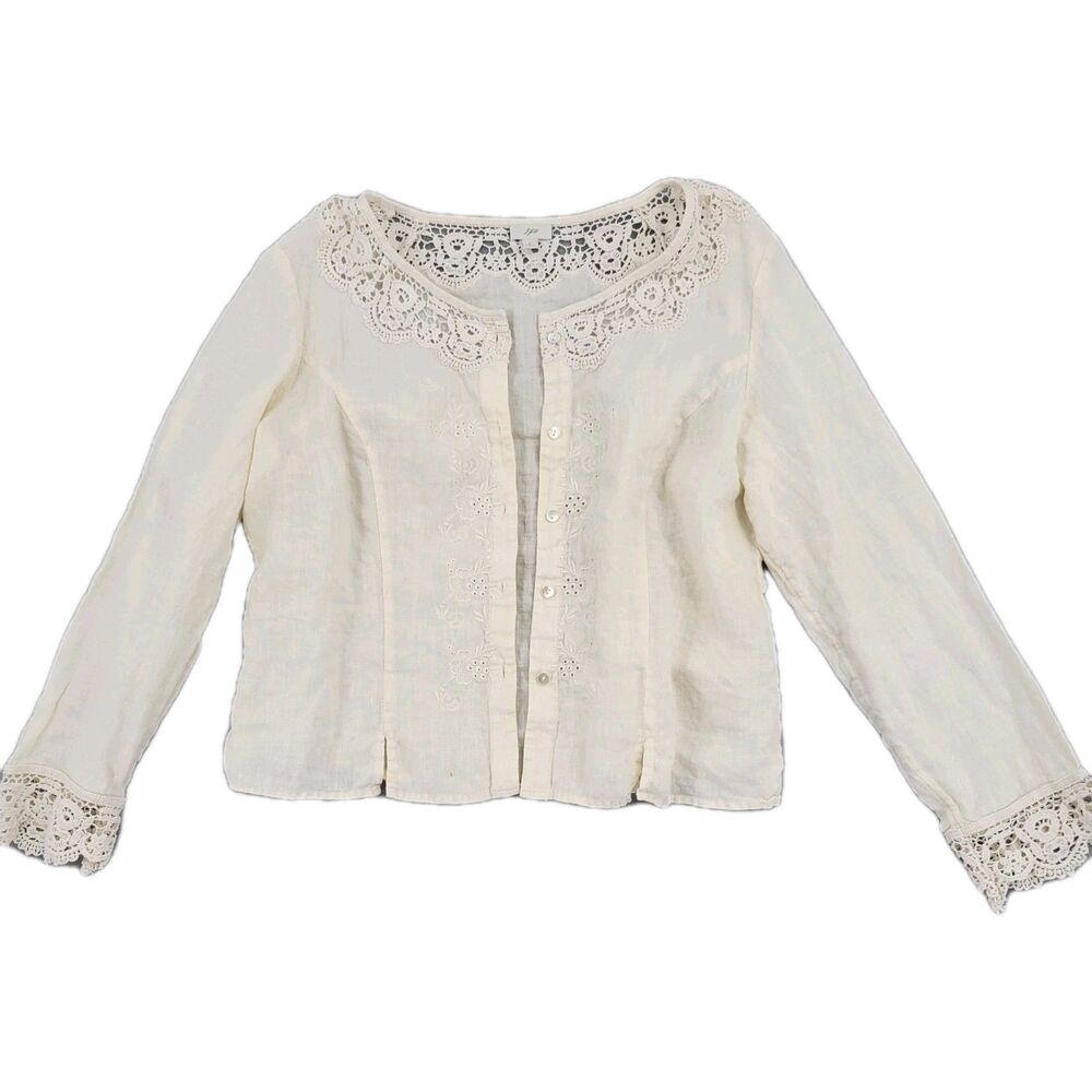 J. Jill Womens Lacey Linen Top Size Large Button Front Eyelet Off White SPOT